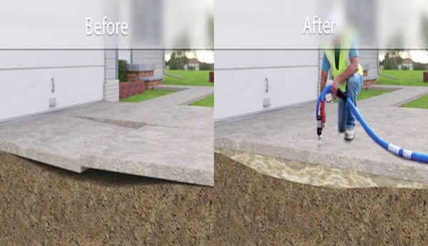 Sunken driveway slab before and after polyjacking — side-by-side comparison